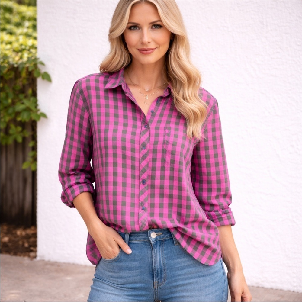 Talbots Women’s Pink Green Check Button Down Blouse 2XP Preppy Casual Classic